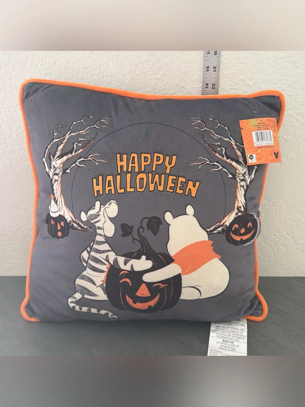 Aldi x Disney Halloween 2026 Throw Pillow Pooh Tigger Pumpkins Woods Orange Gray